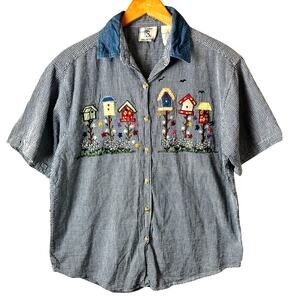 Vintage Button Down Shirt Birdhouse Embroidered Gingham Pattern Women’s Large